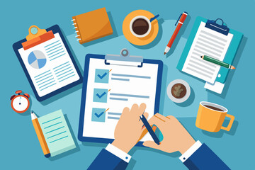 A Person Grasping a Pen, Taking Notes on a Clipboard, Surrounded by a Coffee Mug, Notebook, and Various Office Supplies, Highlighting a Productive Work Environment.