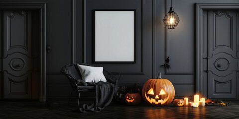 Obraz premium Mockup Frame in Halloween Interior with Autumn Decor, Poster Mockup, Fall Print Mock Up