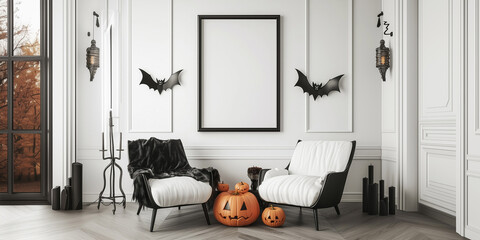 Mockup Frame in Halloween Interior with Autumn Decor, Poster Mockup, Fall Print Mock Up