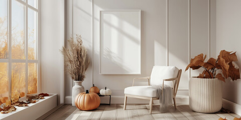 Mockup Frame in Halloween Interior with Autumn Decor, Poster Mockup, Fall Print Mock Up