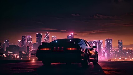 Futuristic car on the cybeprunk street in blue and purple synthwave colors. Cool retro supercar on synthwave street