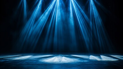 Stage with a cascade of light beams, vertical and diagonal, white and blue tones, sharp contrasts