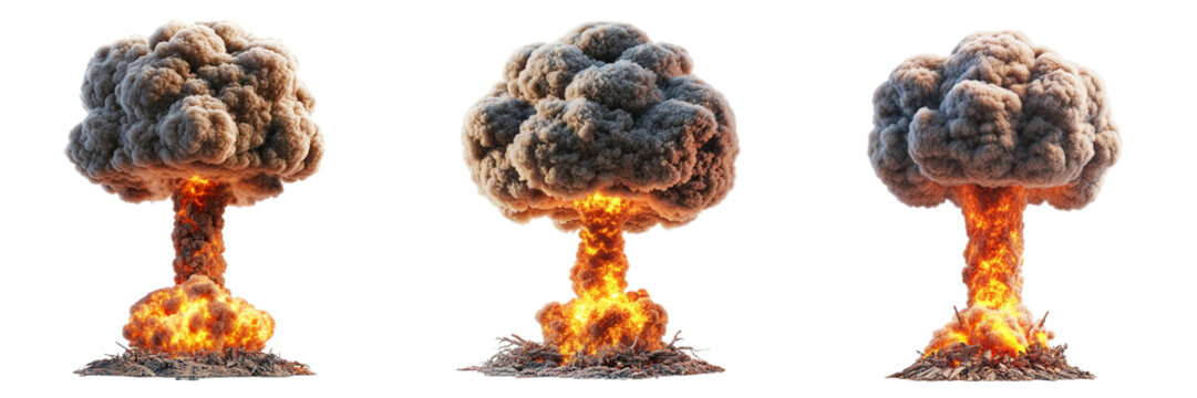 Set of a Nuclear explosion mushroom cloud isolated on transparent background