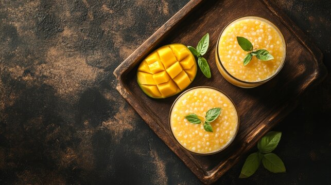 Mango sago pudding with fresh mint leaves on rustic wooden tray. Refreshing tropical dessert.