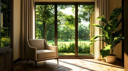 Stylish reading nook within a home office, with a comfy chair and a view of the outdoors, perfect for relaxing after work tasks
