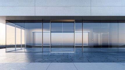 a spacious room with huge glass walls and windows overlooking the sea