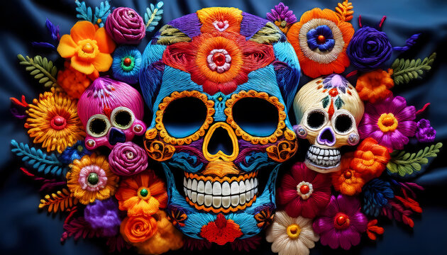 embroidery, sch&auml;del, maske, skull, dia, de, muertos, neu, close up, bunt, halloween, mexiko, fasching, vektor, kunst, abbildung, gesicht, tattoo, death, dekoration, symbol, nahtlos, rosales, pink, 3d