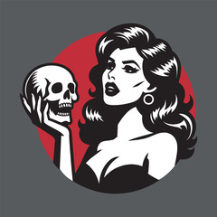 beautiful young brunette vamp woman holding a skull in her hands. Vintage black vector retro illustration. Emblem, tattoo, sticker, print, logo