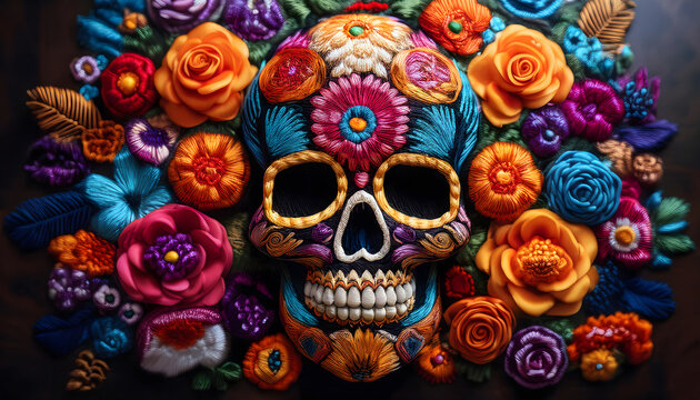 embroidery, sch&auml;del, maske, skull, dia, de, muertos, neu, close up, bunt, halloween, mexiko, fasching, vektor, kunst, abbildung, gesicht, tattoo, death, dekoration, symbol, nahtlos, rosales, pink, 3d