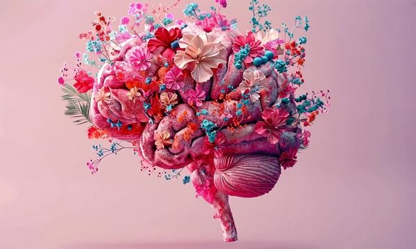 Bursting Floral Creativity - Vibrant Brain Illustration with Flowers and Butterflies