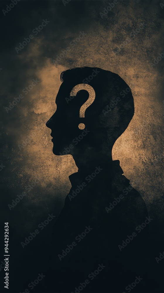 Poster silhouette of a head with a question mark on a dark background. concept of uncertainty and mystery.