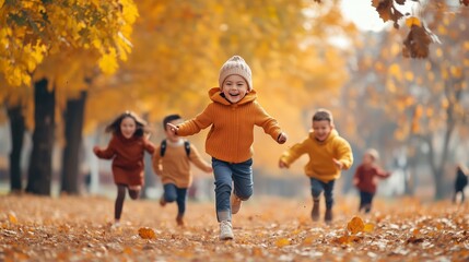 Children joyfully running through a vibrant autumn park surrounded by colorful leaves on a sunny day