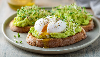 Toasted bread with smashed avocado, poached egg and microgreens. Healthy brunch. Tasty food