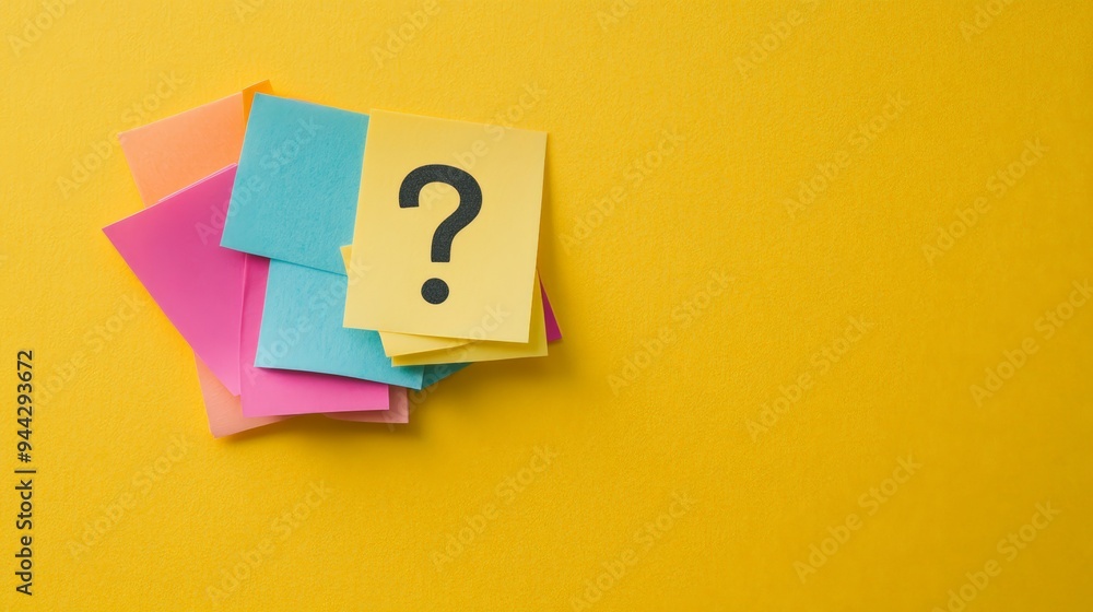 Poster Bright yellow background with colorful sticky notes featuring a black question mark. Represents creative thinking and problem-solving.