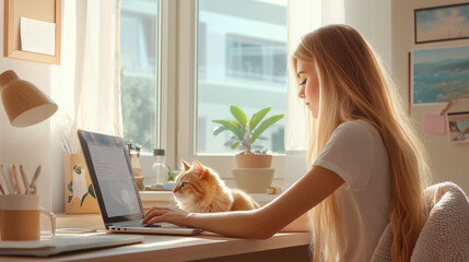 A neat and modern home office with a woman focused on her work, her cat sitting beside her coffee cup on a wooden desk, with a large window allowing sunlight to fill the room. 