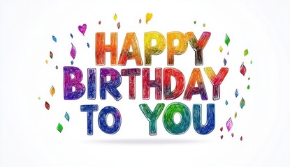 "HAPPY BIRTHDAY TO YOU" in rainbow colors on white background Generative AI