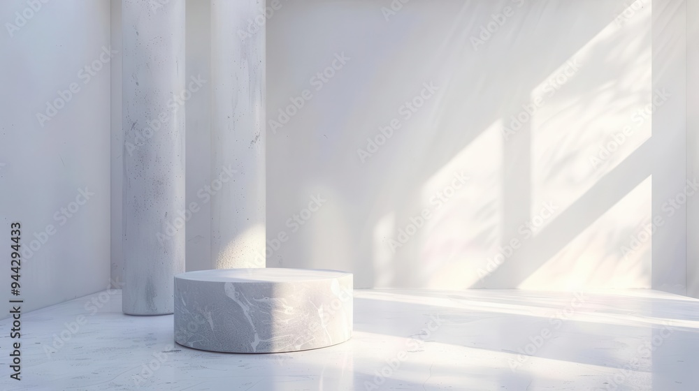 Aufkleber minimalist stone pedestal in pristine white room soft gradient lighting creating subtle shadows perf