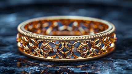 Gold Filigree Ring with Diamonds 3D Illustration