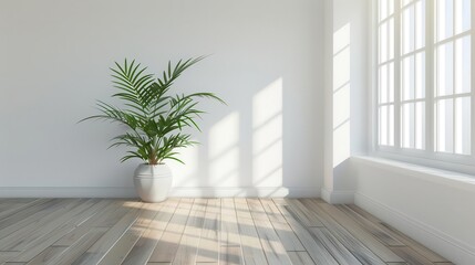 minimalist white room with wooden floor and potted plant creating serene and inviting living space 3d rendering