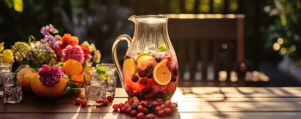 refreshing summer drink with fruits and flowers in a tall glass against a blurred background