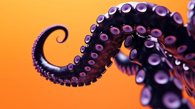 A close-up view of an octopus tentacle with vibrant suction cups against a bright orange background during sunset