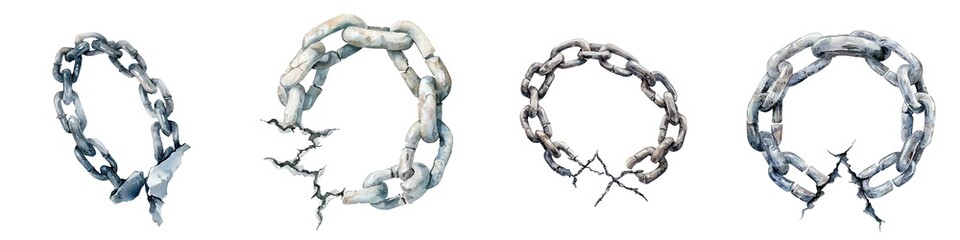 A broken chain symbol, watercolor painting, freedom and release, isolated on white background