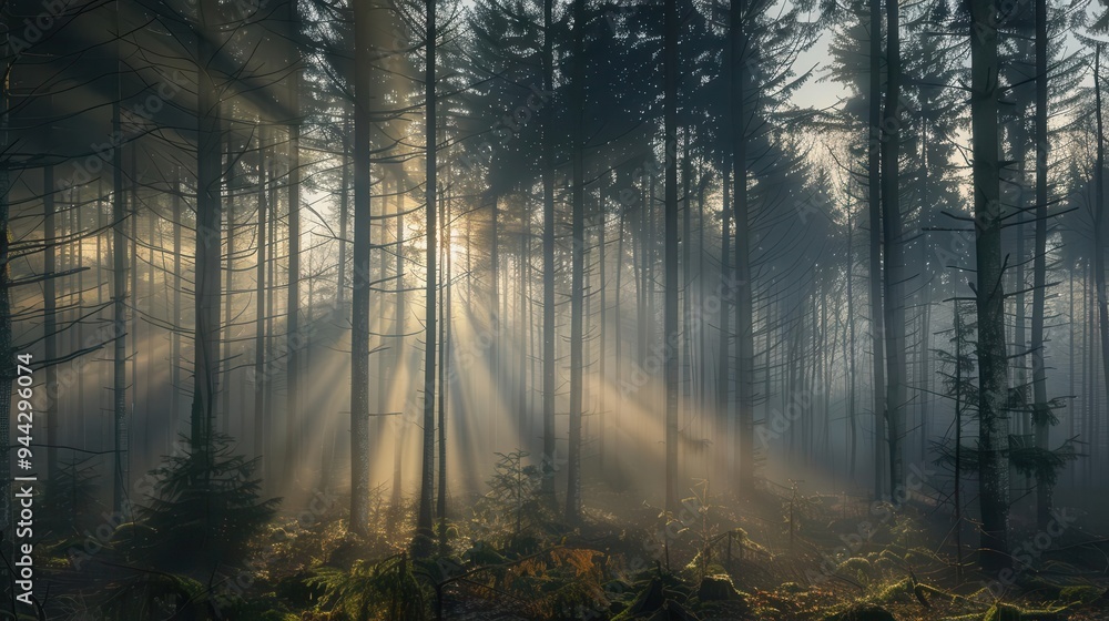 Poster misty forest at dawn with sun rays piercing through tall evergreen trees creating a magical interpla