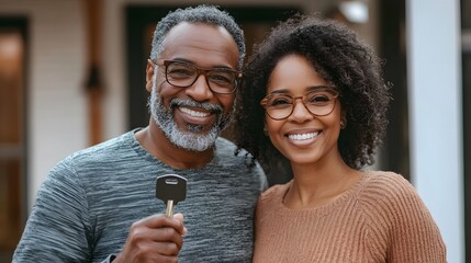 Smiling couple holding a key in front of their new modern home