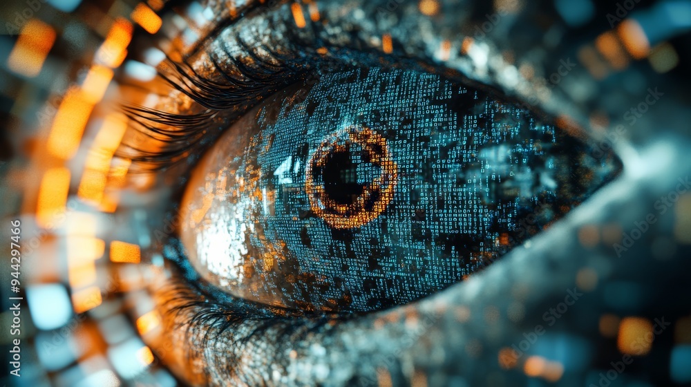 Poster Close-up of a digital eye with binary code and orange highlights. Symbolizing cybersecurity, surveillance, and data protection.