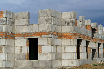 a construction site with a house under construction against the sky