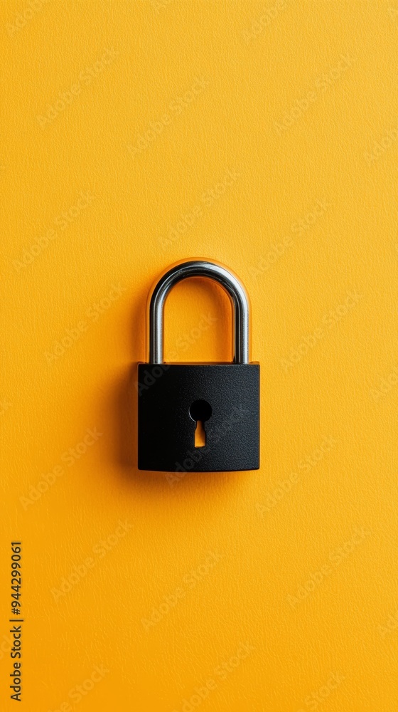 Poster Minimalistic black padlock on a vibrant yellow background representing security and protection. Concept of simplicity in digital security.