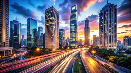 Fototapeta premium Vibrant cityscape at dusk with sleek skyscrapers, blurred lights, and speeding vehicles conveying a sense of kinetic energy and urban dynamism.