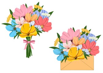 Set Beautiful bouquet flowers bow ribbon and bouquet of flowers in a postal envelope isolated white background.Hand drawn greeting card.