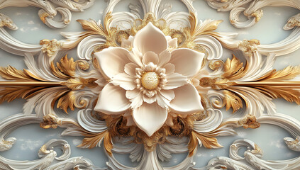 This abstract background features a high-definition 3D digital illustration showing an elaborate flower decoration on a ceiling against a visually appealing and well-textured wallpaper background.