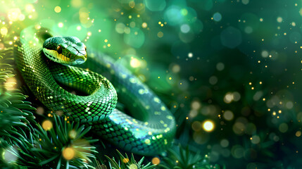 Fototapeta premium new year background with snake symbol of 2025 new year with pine branches with decorations on green background with confetti and bokeh with copy space