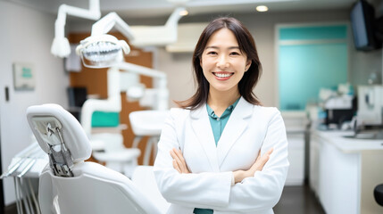 Asian female dentist in a white coat standing with arms crossed in a modern dental clinic, smiling confidently. Dental chair and equipment visible in the background.
