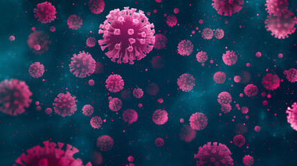 pink, magenta viruses macro, on dark blue background with copy space, medical healthcare, microbiology concept.
