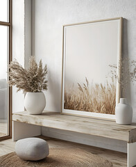 Mockup frame in farmhouse living room interior, 3d render