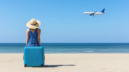 A woman sits on white sand, wearing a blue dress and straw hat, with luggage beside her while an airplane glides above the tranquil ocean