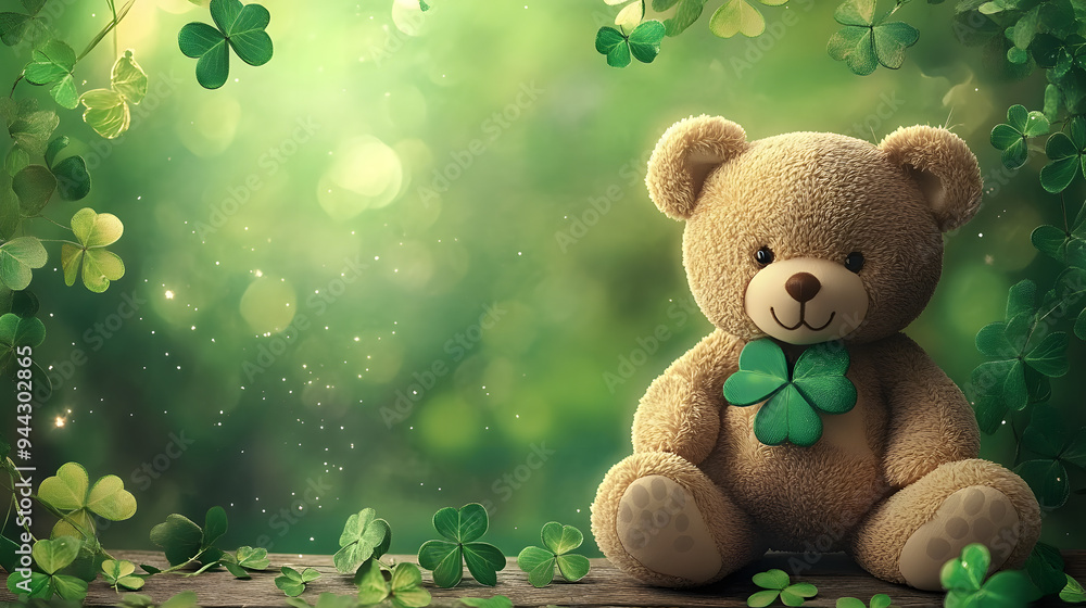 Poster gradient frame with shamrock teddy bear and space for text raster graphic