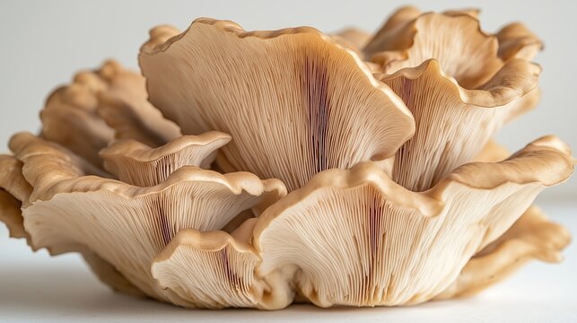 Close-up of a maitake mushroom with frilly edges and layered structure on a white background, featuring empty space for text