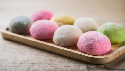 Delicate mochi balls. Traditional Japanese dessert. Rice cake. Sweet tasty food.