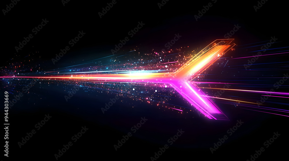 Poster a colorful arrow made of glowing light beams, pointing right at the center on a black background he 