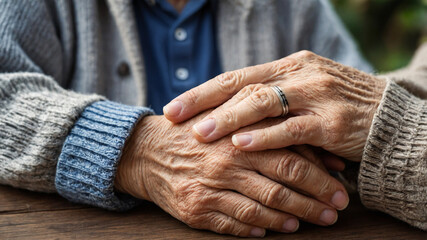 Fototapeta premium Old men and old women hold each other's hands as a symbol of loyalty. Grandfather's and grandmother's hands held together. Senior couple harmony. AI-Generated