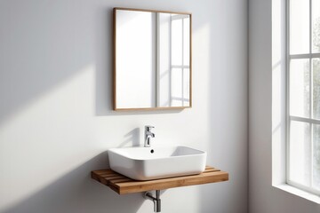 Modern Bathroom Vanity with Wooden Shelf and Mirror