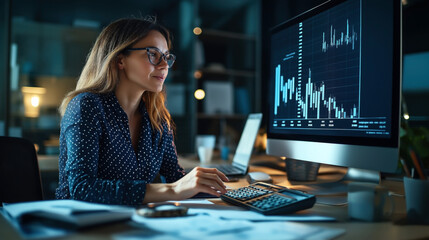 Businesswoman analyzing financial data on a computer at her desk in an office setting, working late and focused on the monitor.