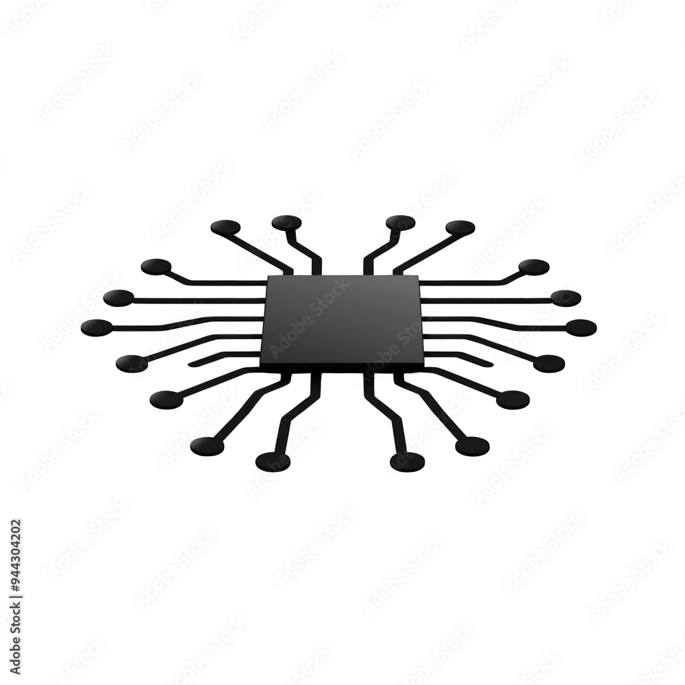 Poster a close-up view of a black microchip surrounded by multiple connectors, symbolizing technology and i