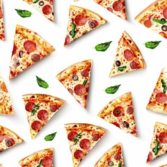 Seamless pattern of pizza slices with pepperoni and toppings on a white background