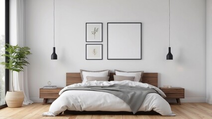 Modern Minimalist Bedroom Interior with Wooden Bed and Minimalist Decor