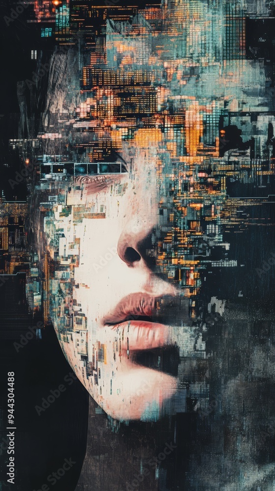 Poster Abstract digital portrait of a fragmented face composed of data and pixels. Highlights cybersecurity and digital identity.